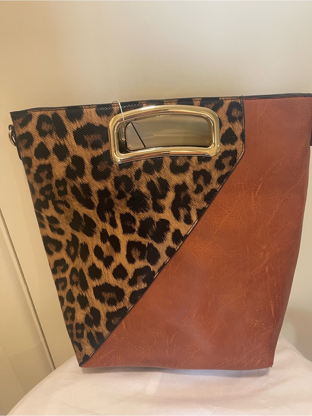 Leopard Print and Brown Faux Leather Tote Handbag
